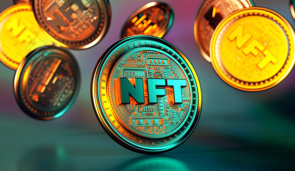 Close up view of NFT non fungible token golden coins falling in 3D rendering