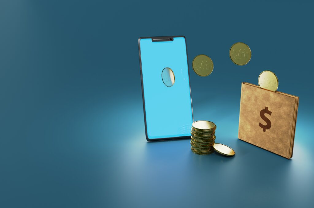 a vector image of a phone sending coins into a wallet