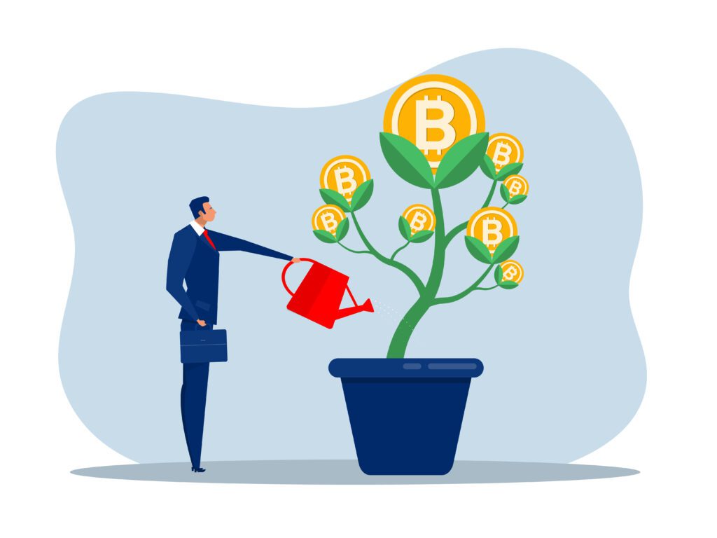 Man watering a Bitcoin plant