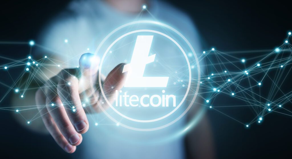 Businessman on blurred background using litecoins cryptocurrency 3D rendering
