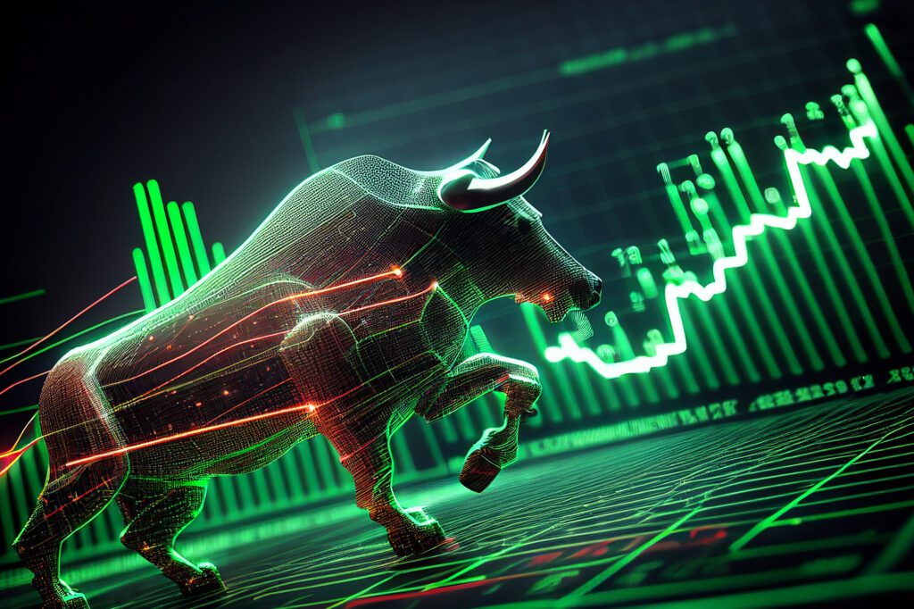 Green Bull market run upward presents uptrend stock market, Financial and business concept