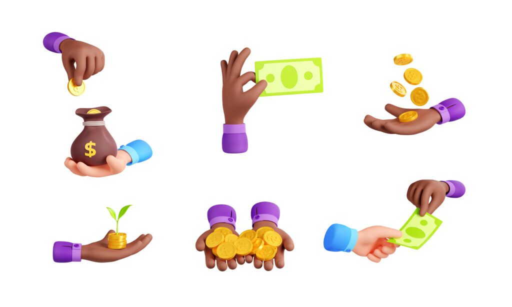 Money set with hands holding paper cash and coins, exchange currency, give and take money bills. Diverse people hands with bag with dollar sign, banknote, coin stack with growth plant, 3d render set