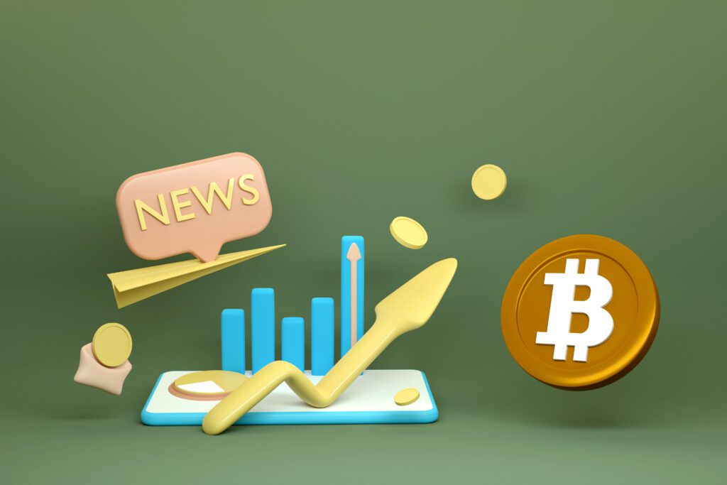 Growth stock with financial news, chart up statistics. Bitcoin phone, arrow, coins, plane, graph. The growth of the world economy. 3d rendering illustration