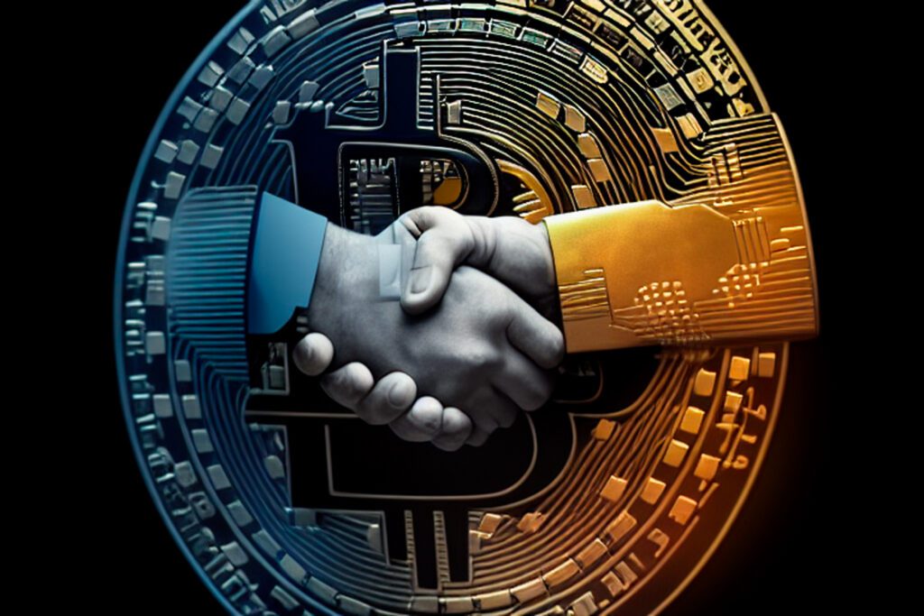 Shaking hands at the conclusion of a business deal. Cryptocurrency, blockchain, bitcoin, mining, financial transactions, high resolution, art. Generative AI technology